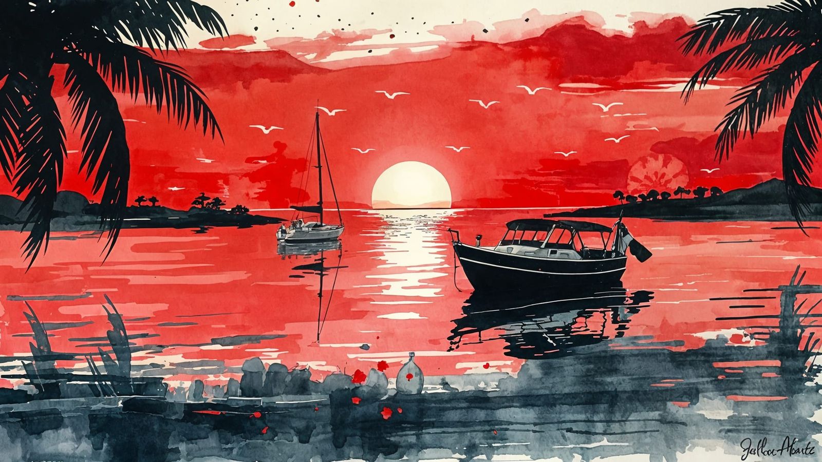 Vibrant Boat Scene in Tropical Sunset