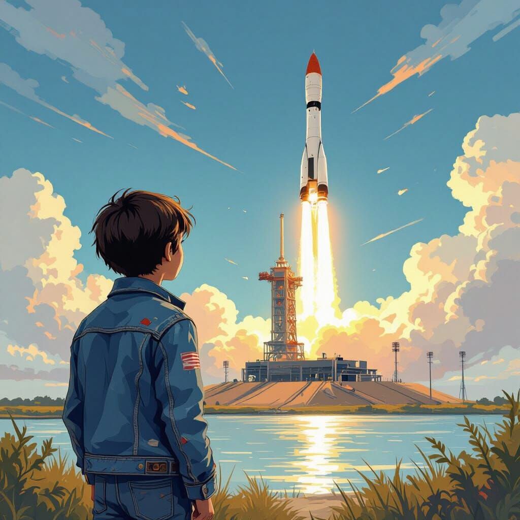 Boy Watches Rocket Launch At Cape Canaveral