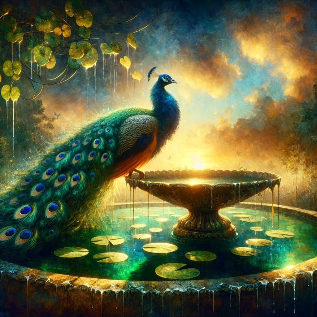 Peacock on Bird Bath at Twilight, Digital Watercolour