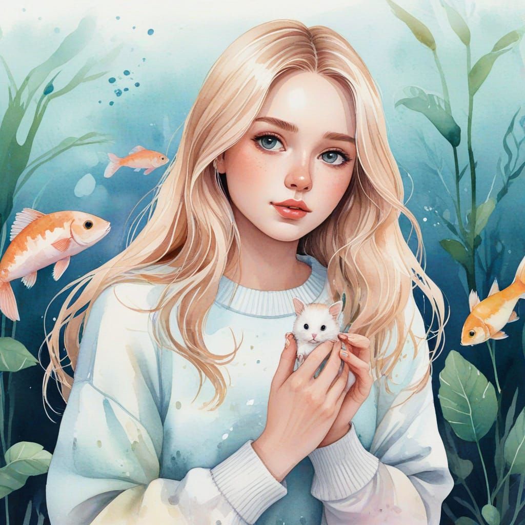 Dreamy Girl with Hamster and Fish in Whimsical Digital Illus...