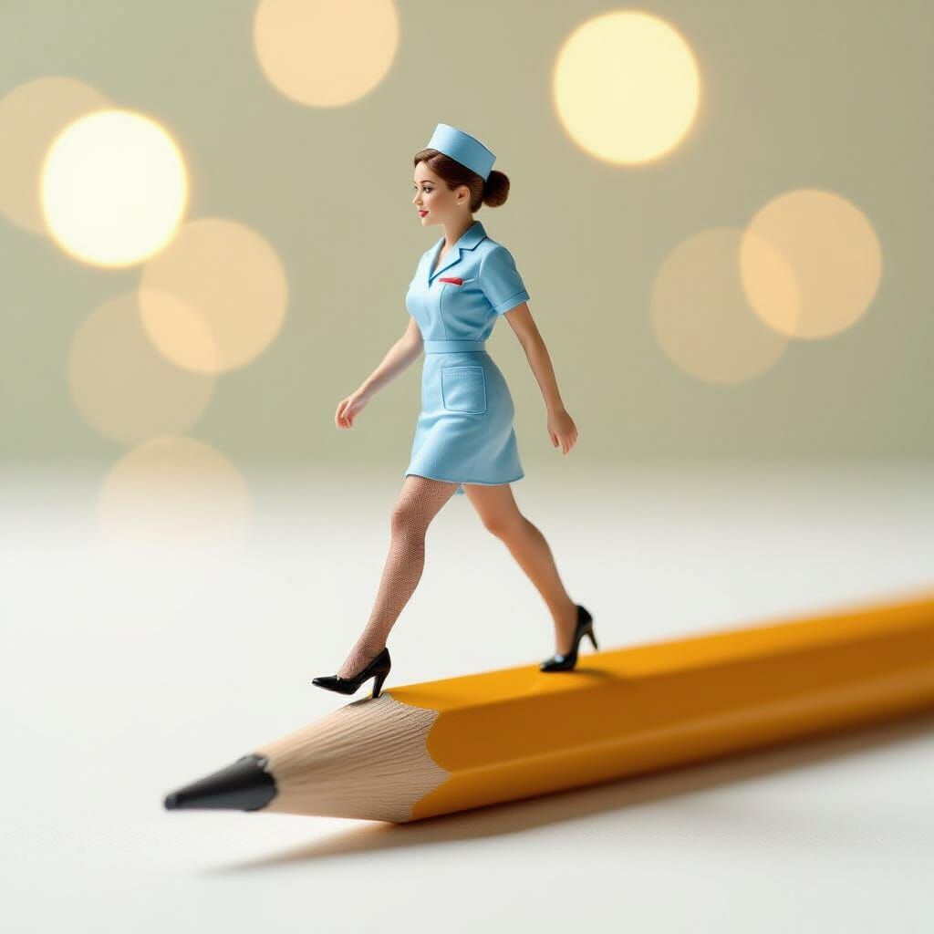 Miniature Nurse Walks Giant Pencil, Professional Photography