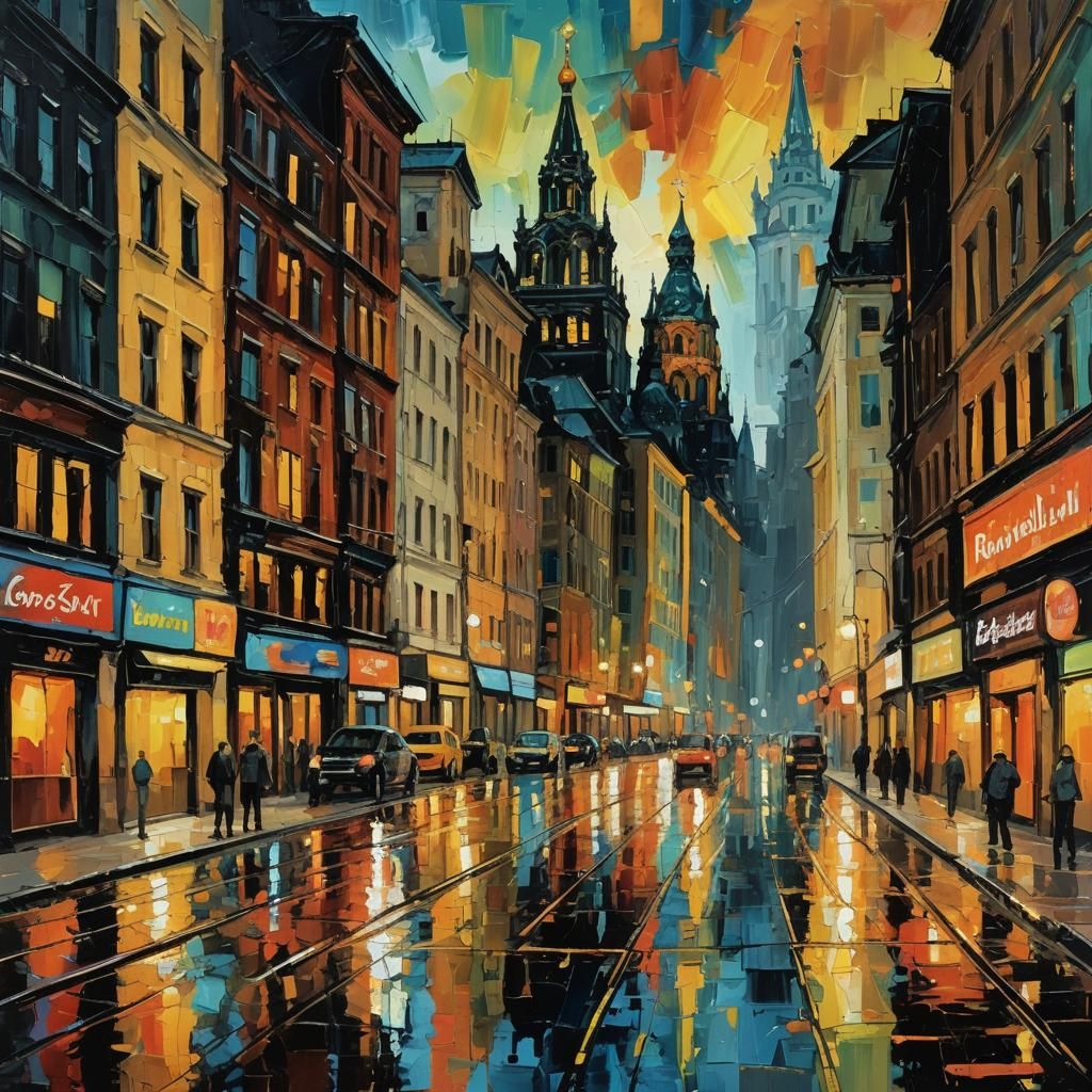 Expressionist Moscow Nightscape with Impasto Brushstrokes