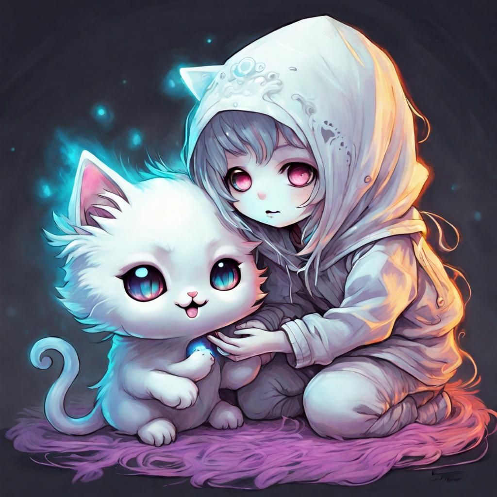 Cute Chibi Ghost with Kitten, Anime Style