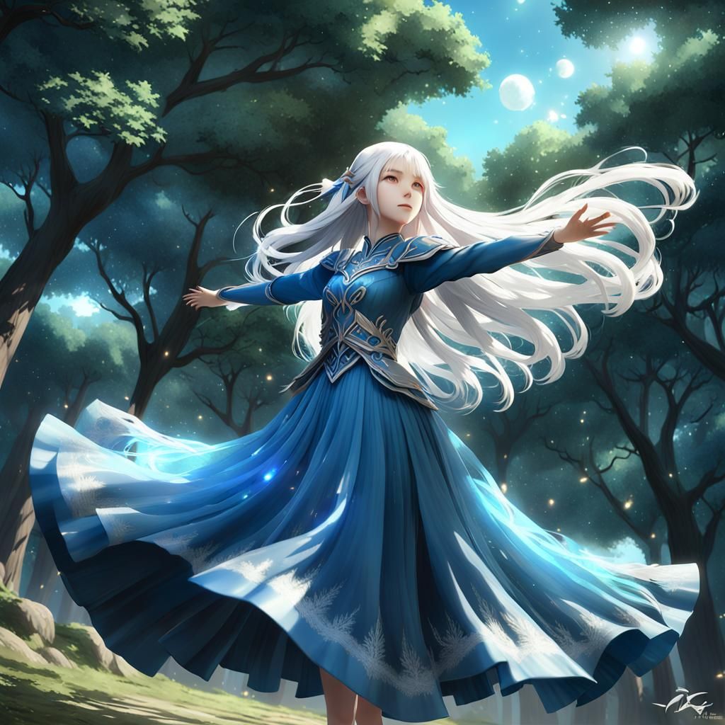 Woman with White Hair Flying: Anime-Inspired 3D Art