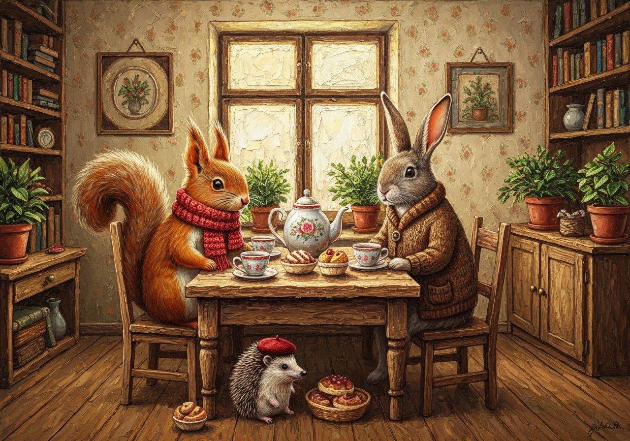 Cozy Tea Party with Animals in Impasto Oil Painting