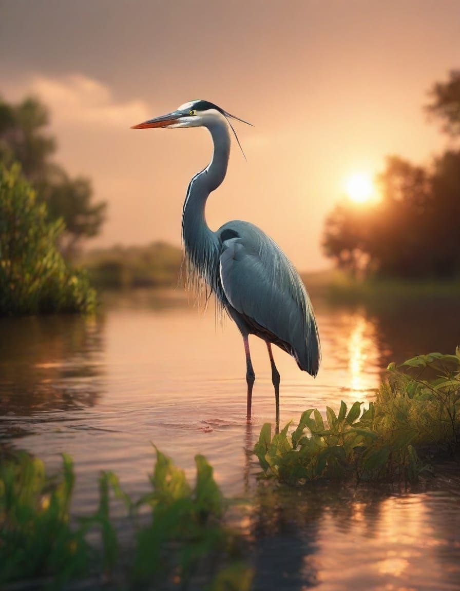 Heron Fishing in Estuary Sunset Scene