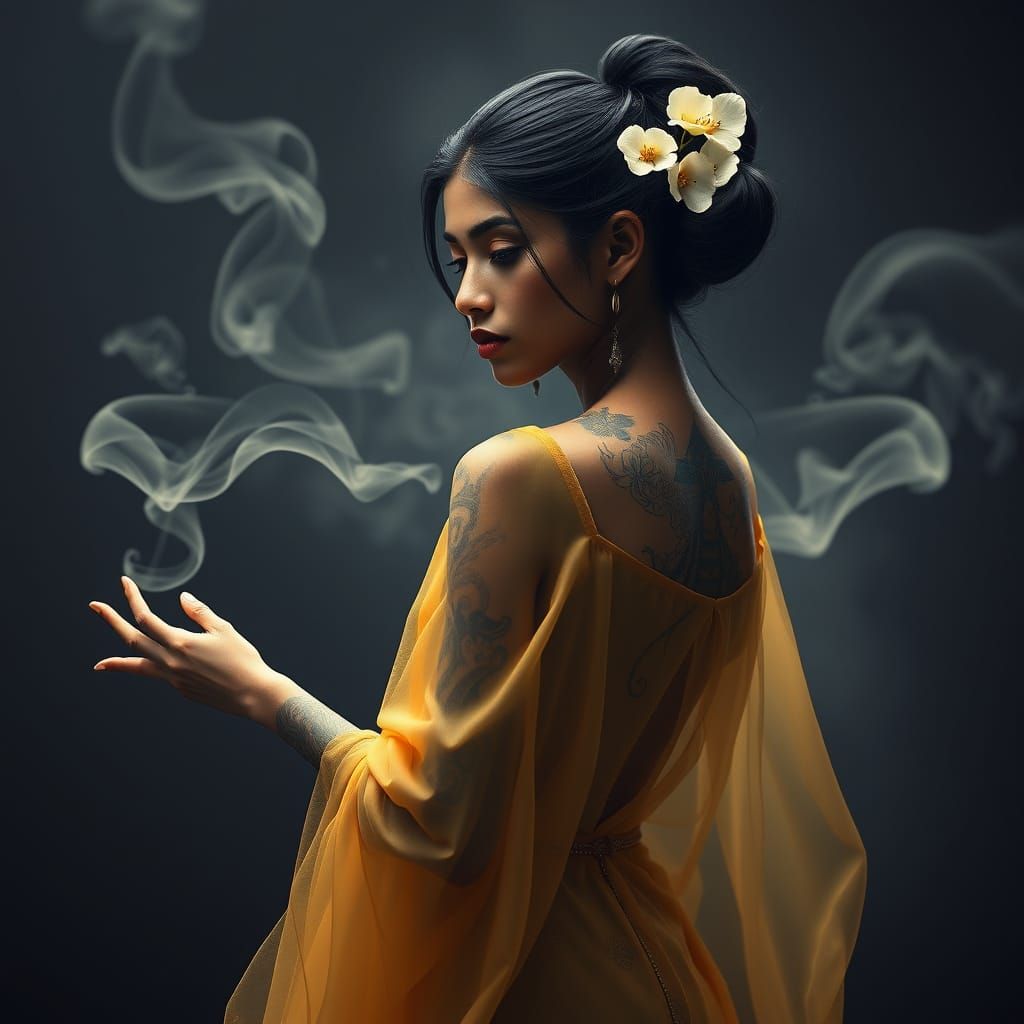 Ethereal Tamil Woman with Mystical Tattoos