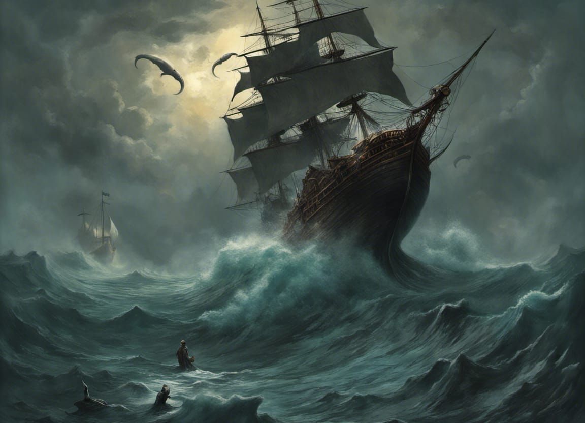 Pirate Ship and Whale in Dark Sea