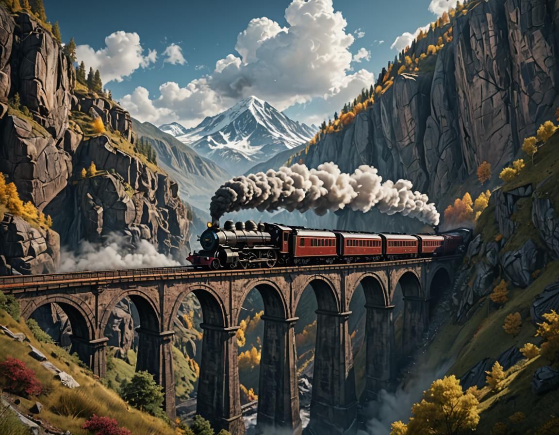 Steam Train on High Arch Bridge: Fantasy Concept Art