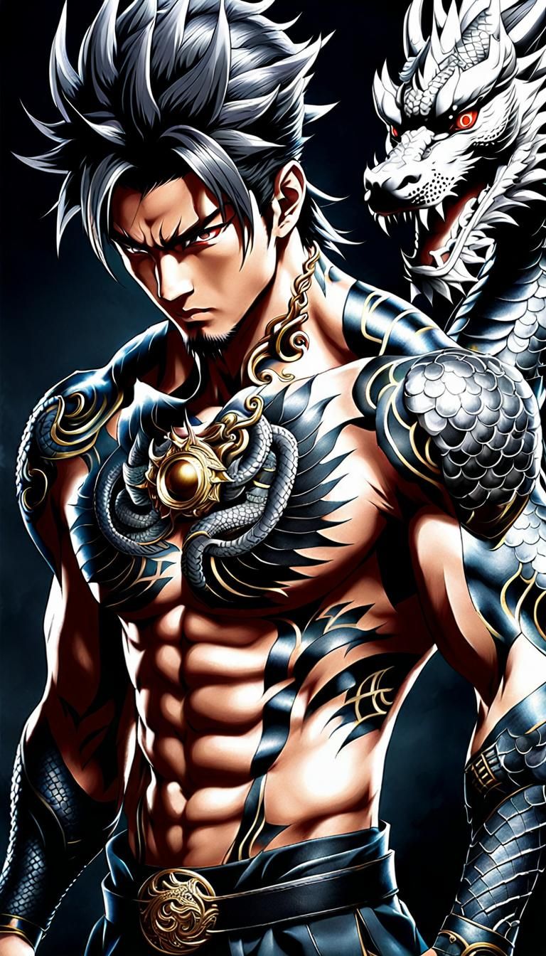Japanese Warrior Portrait with Dragon Tattoo in Anime Style
