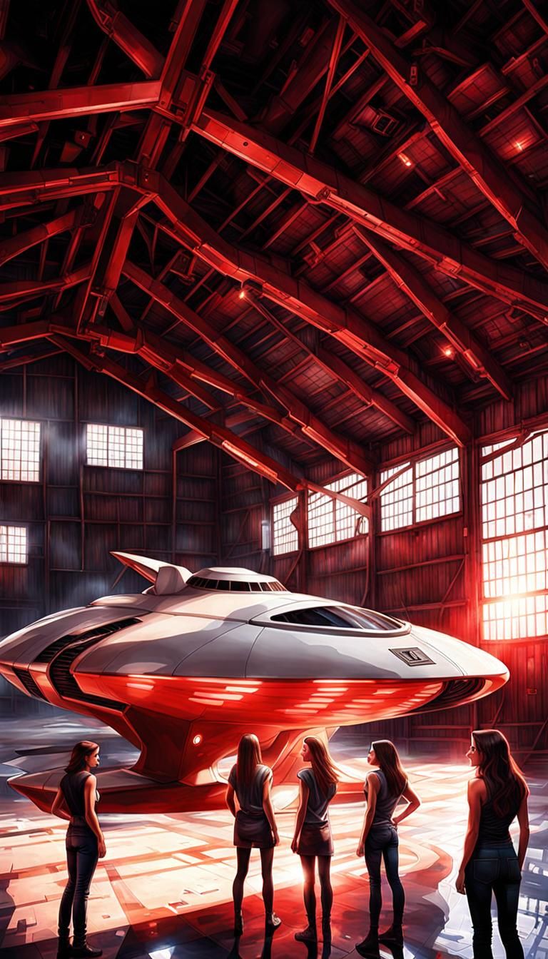 Futuristic Spaceship in Barn with Women: Hyperrealistic Art