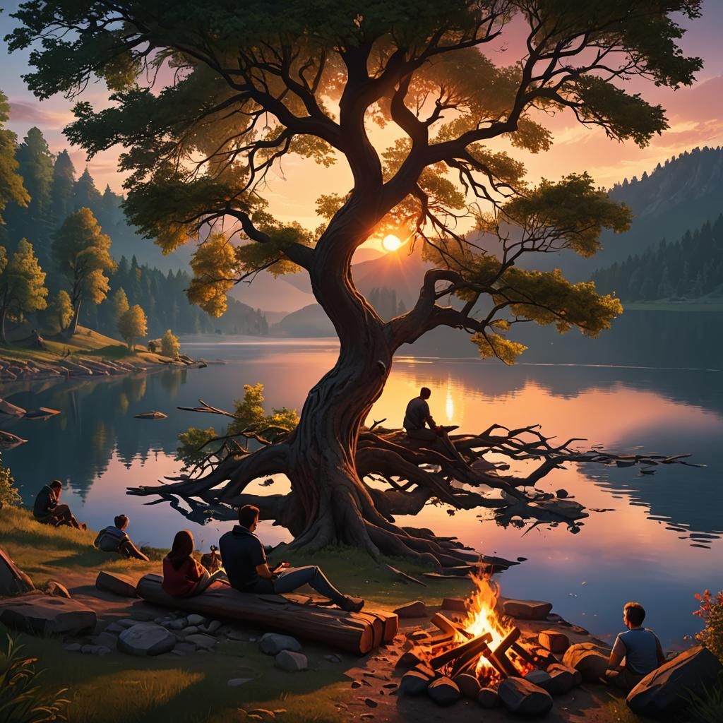 Summer Lake Sunset with Campfire, Fantasy Art