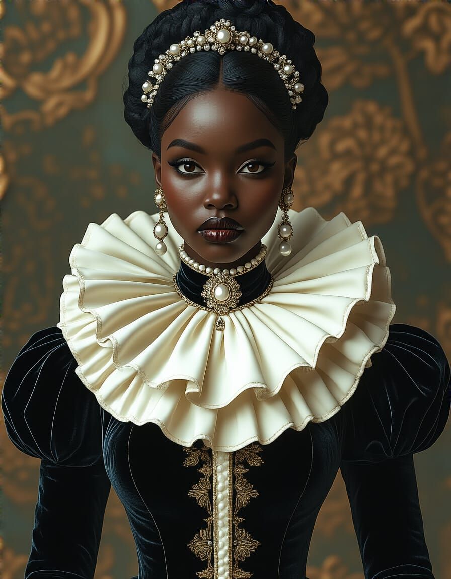 Elegant Woman in Baroque Velvet Gown, Art Nouveau Style