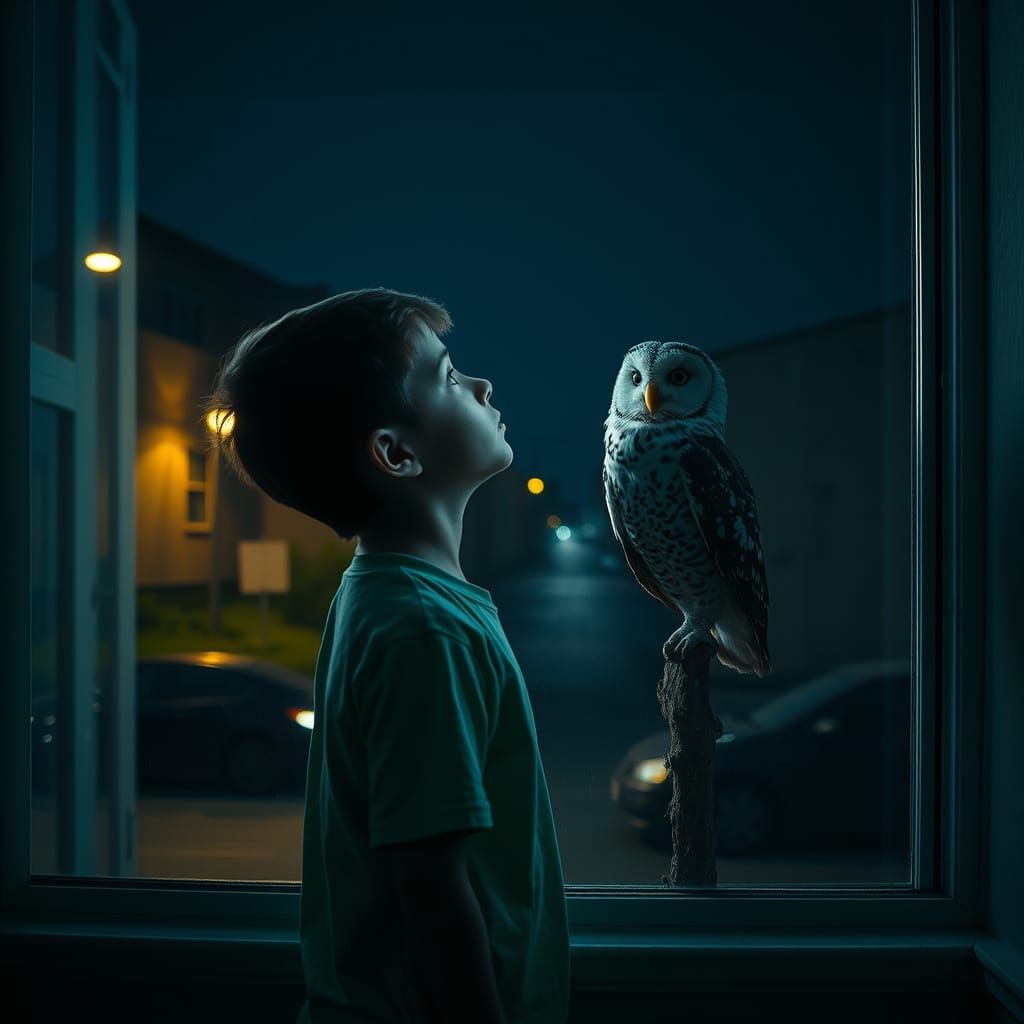 Boy and Owl Gazing at Night Sky