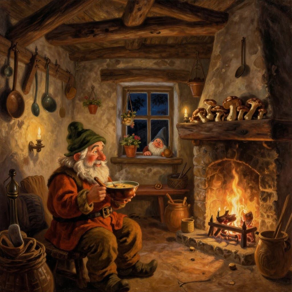 Cozy Rustic Room Scene With Dwarf Eating Soup