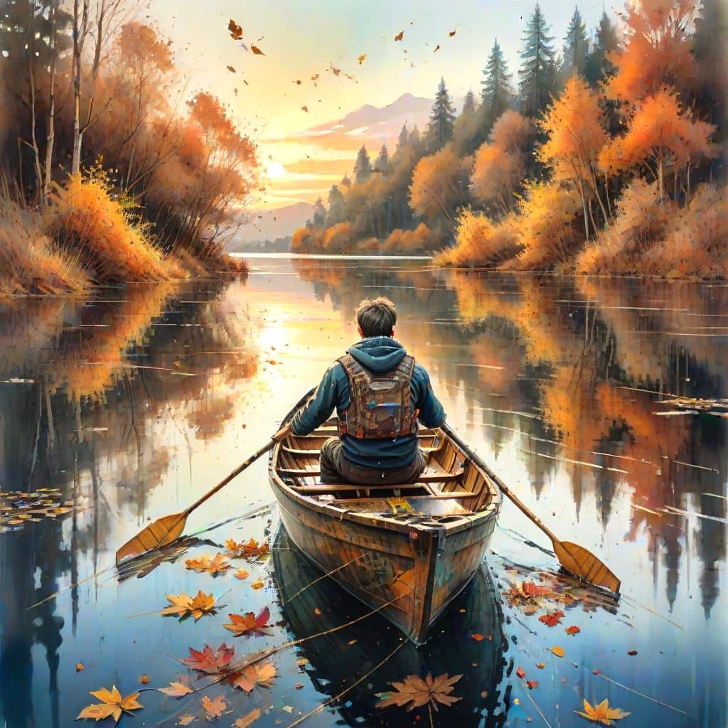 Autumn Lake Sunset Scene in Watercolour Style