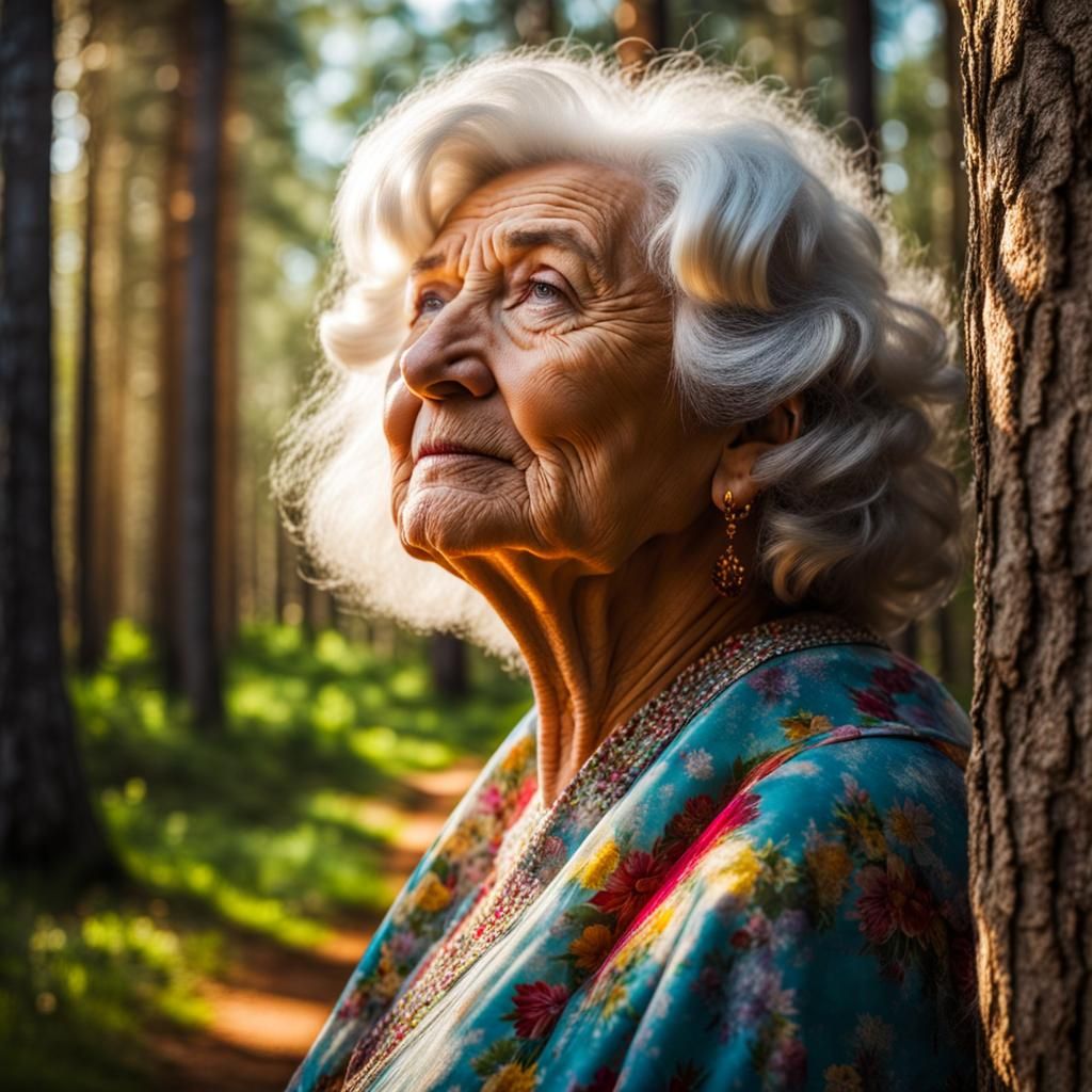 Granny Contemplates Pine Forest in Divine Sunshine