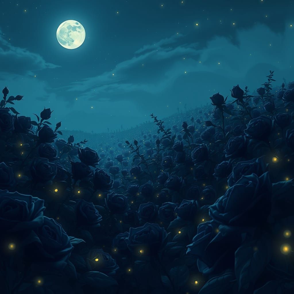 Lush Black Roses in Moonlit Whimsy