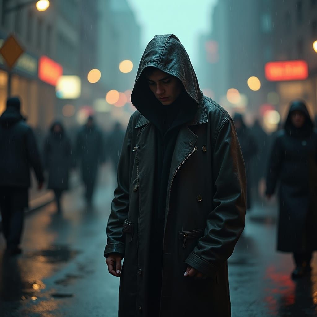 Melancholic Figure in Rainy Cityscape, Film Noir Style