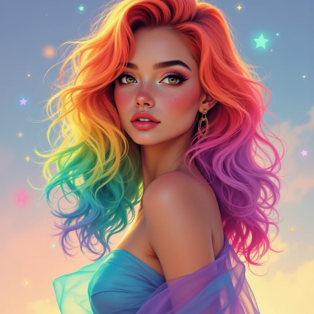 Woman with Rainbow Hair in Iridescent Gown