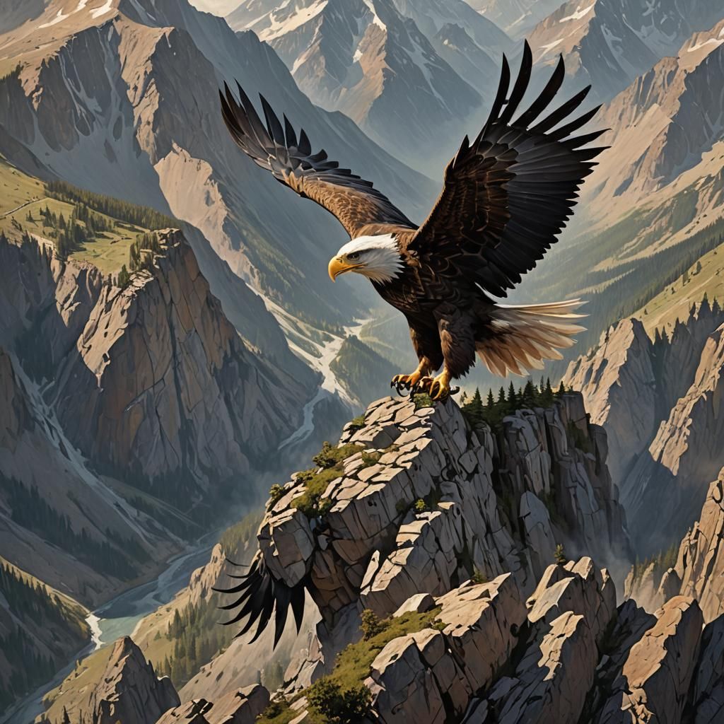 Eagle Soaring Over Mountains in Sinister Style