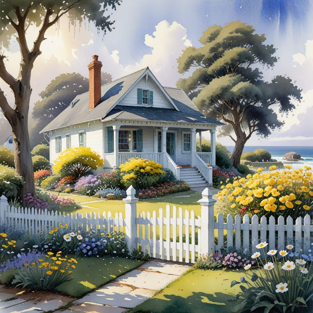 Charming Watercolor Cottage in a Serene Ocean Setting