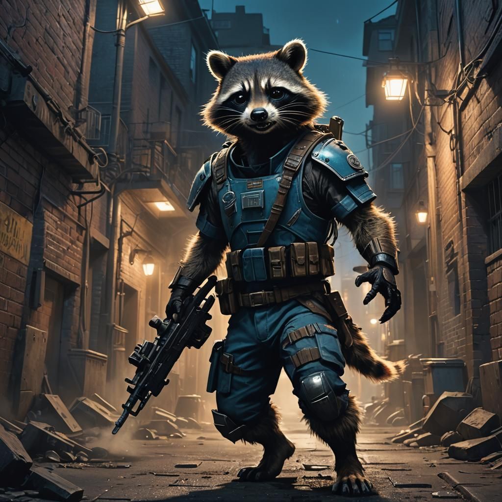 Armored Raccoon Warrior in Dark Alley Combat