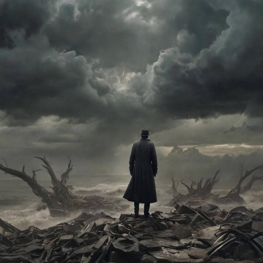 Surreal Figure Amidst Stormy Vortex in Vivid Colors