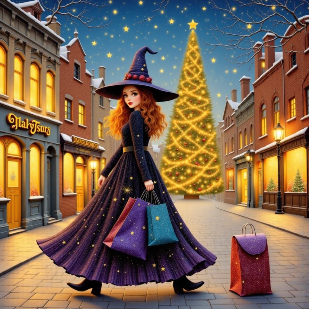 Adorable Young Witch Shops for Christmas in City