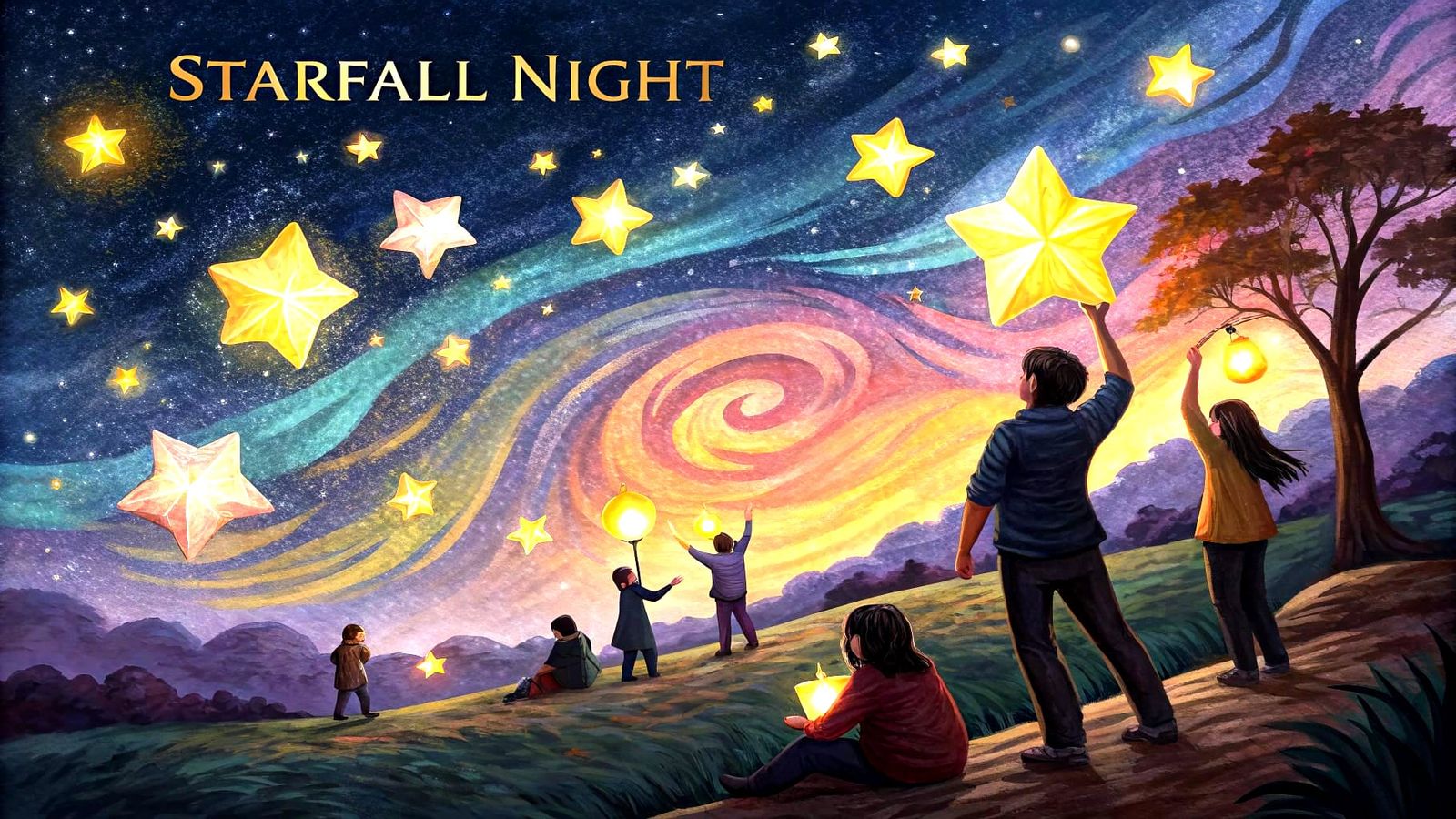 Starfall Night Festival with Glowing Lanterns in Surreal Sky