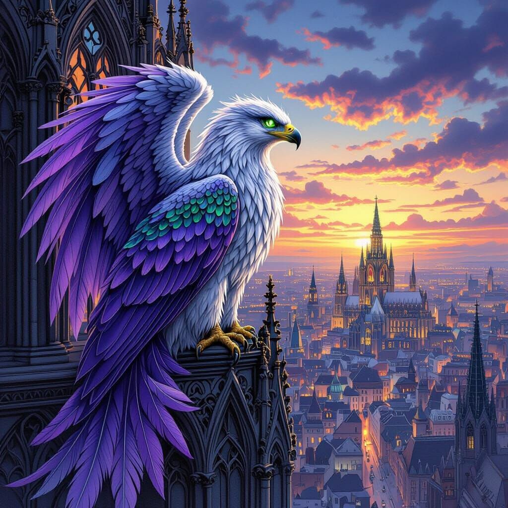 Griffin on Gothic Cathedral in Colored Pencil Style