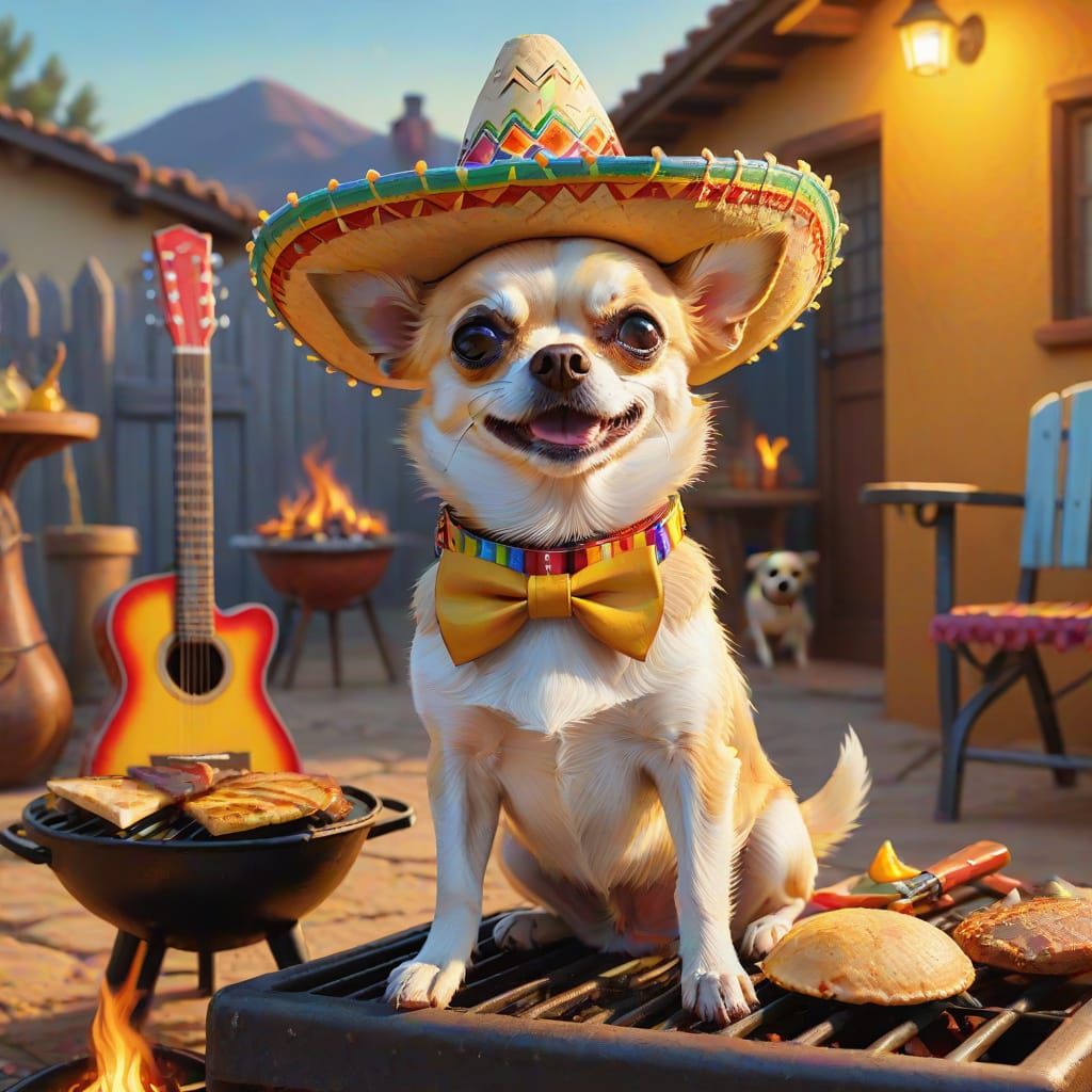 Chihuahua in Sombrero Plays Guitar: Vibrant Oil Painting