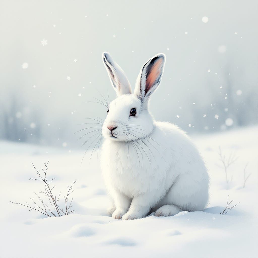 Serenely Settled Arctic Hare in Monochromatic Winter Wonderl...