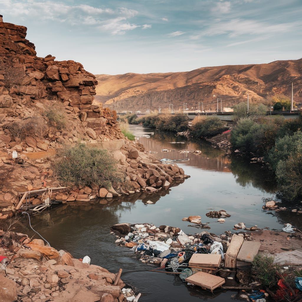 Oil Slick and Rubbish Pollute River Landscape