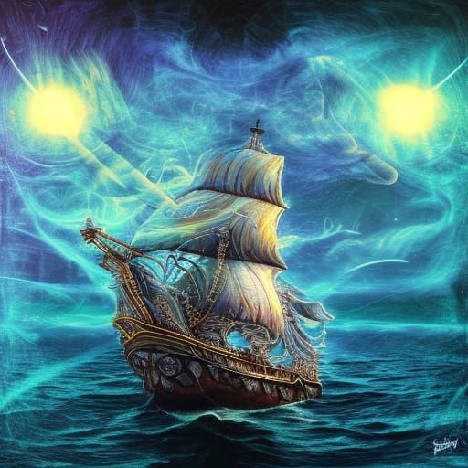 Ghost Pirate Ship Sails Galaxy in Surreal Art