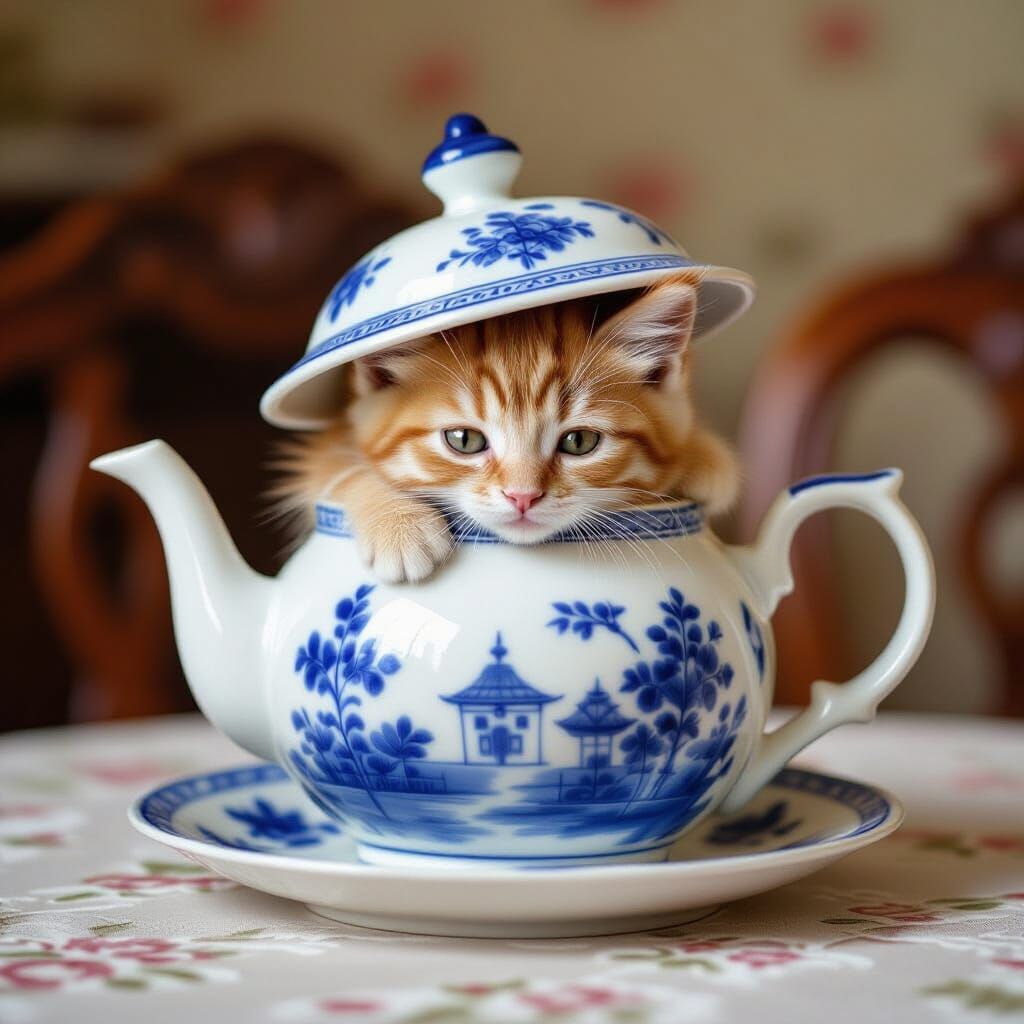A ginger kitten peeping out of a large blue and white china ...