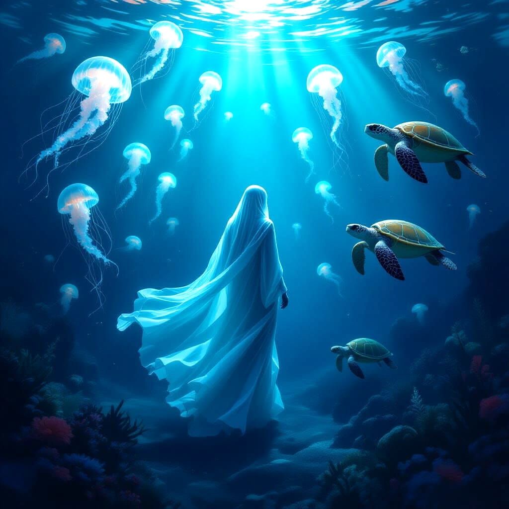Ethereal Spirit Amidst Deep Ocean Creatures