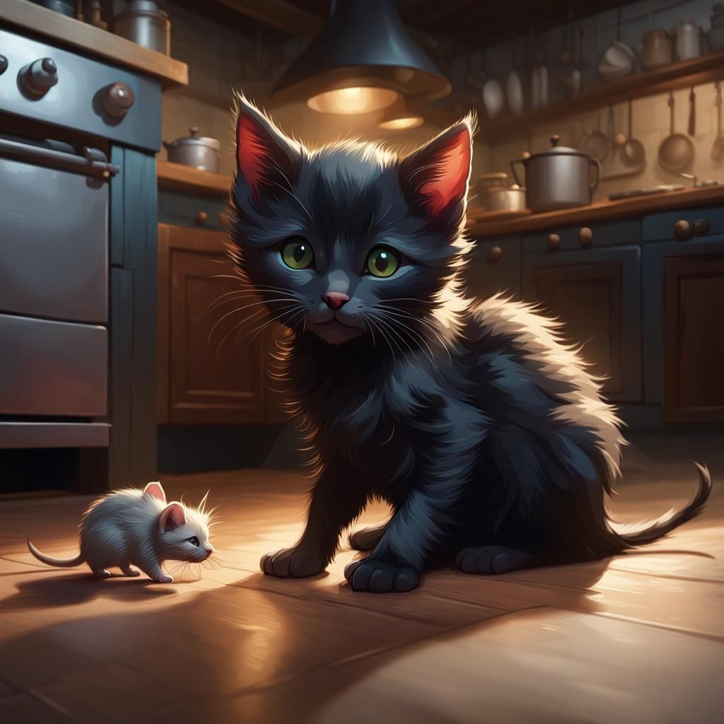 Kitten and Mouse in a Kitchen, Detailed Portrait