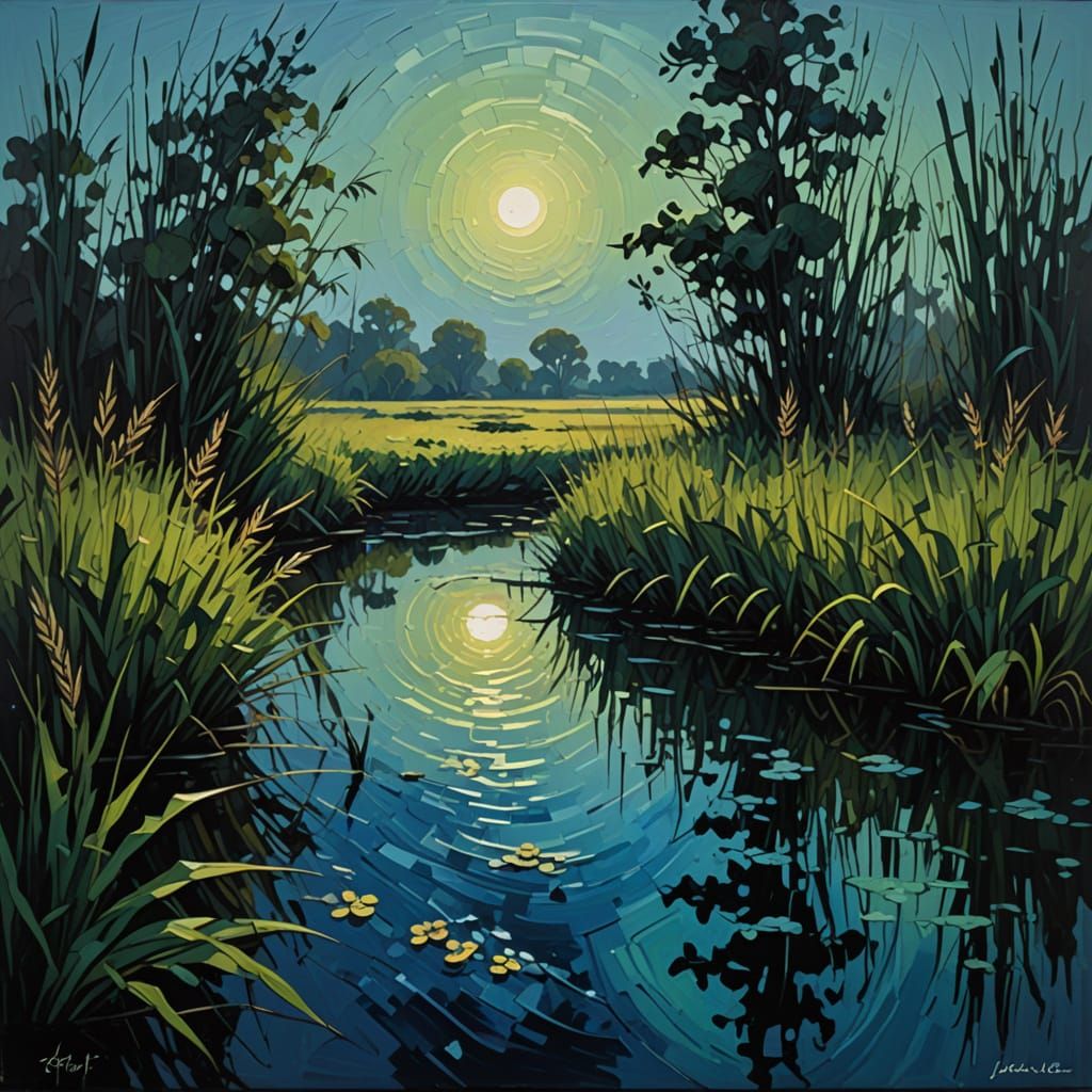 Dark Marsh Pool Neo-Impressionist Oil Painting