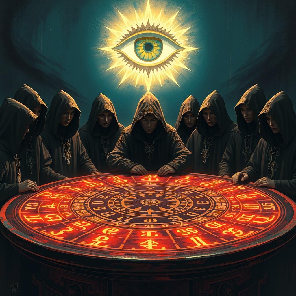 A shadowy council of hooded figures sitting around a massive...