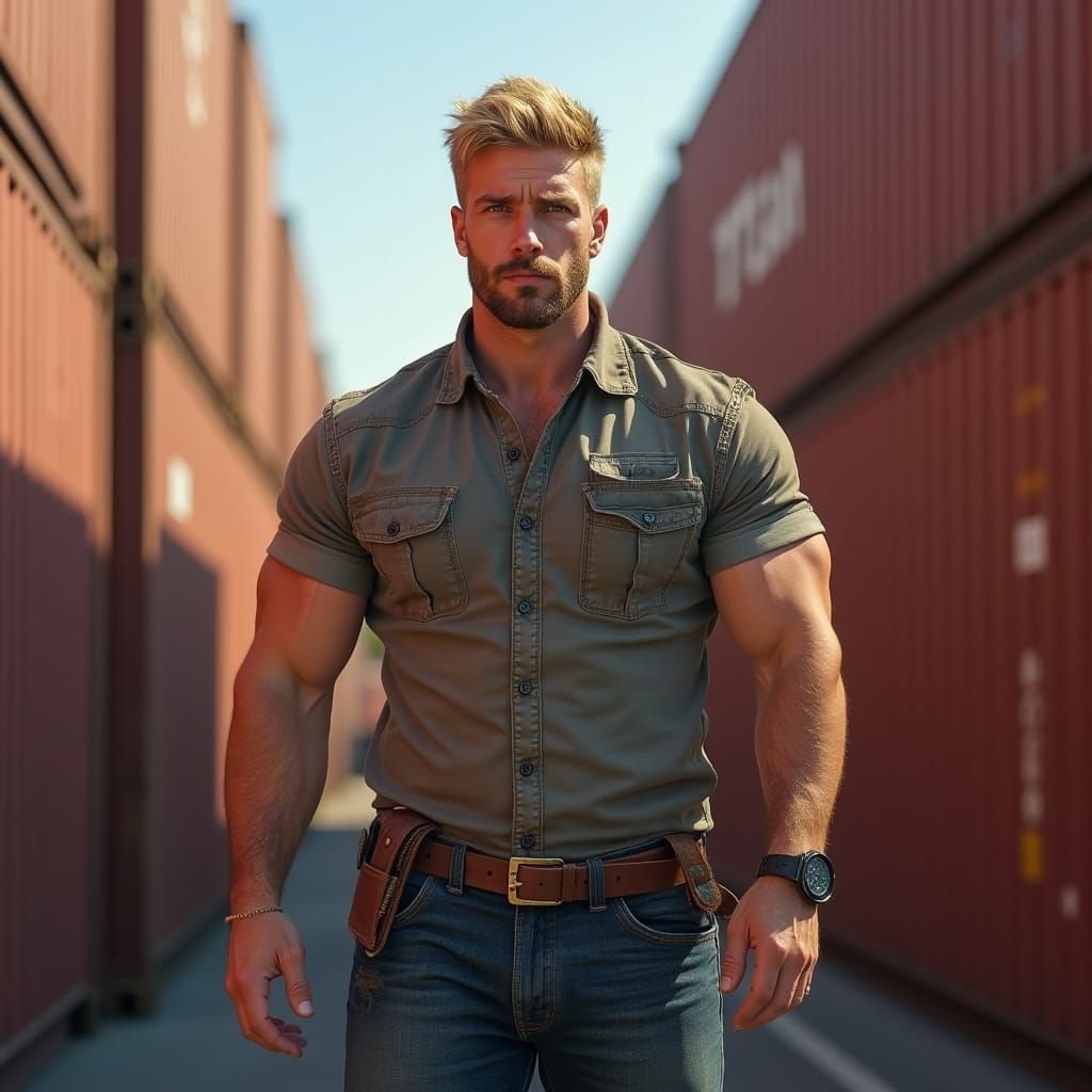 Man in Work Clothes Near Cargo Containers: Photorealistic