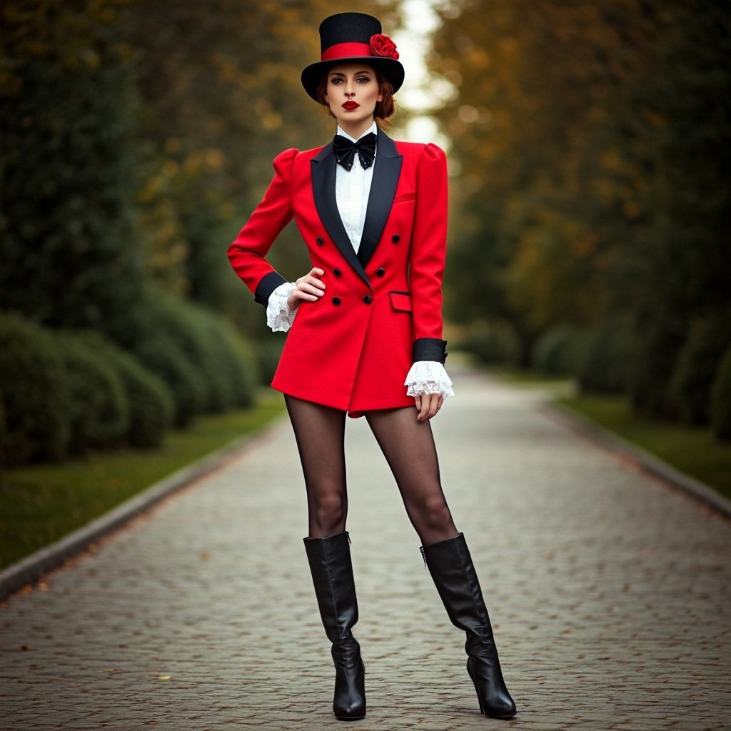 Elegant Woman in Red Suit Posed on Stone Path