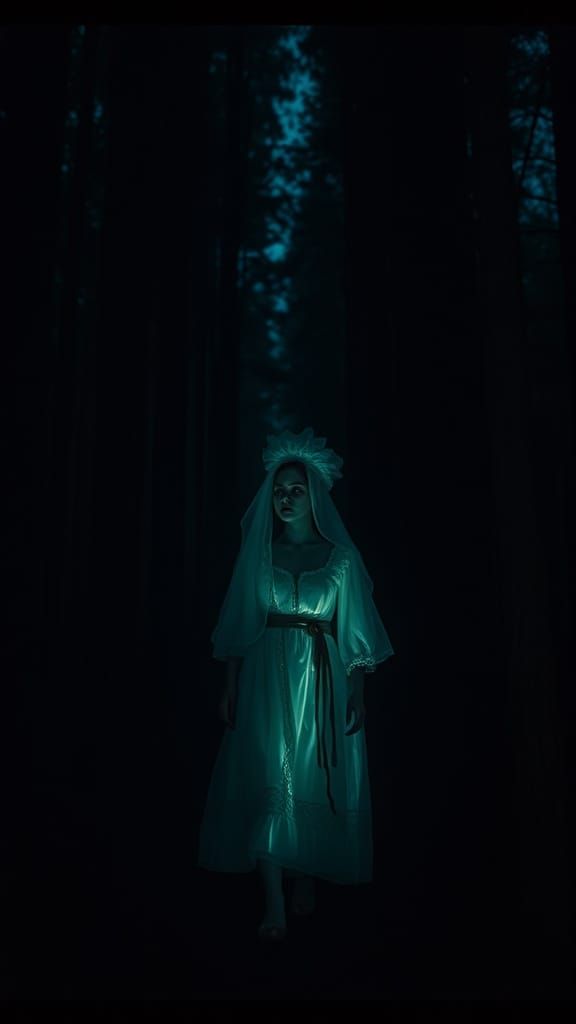 Phosphorescent Woman's Ghost in Dark Forest, Cinematic Style