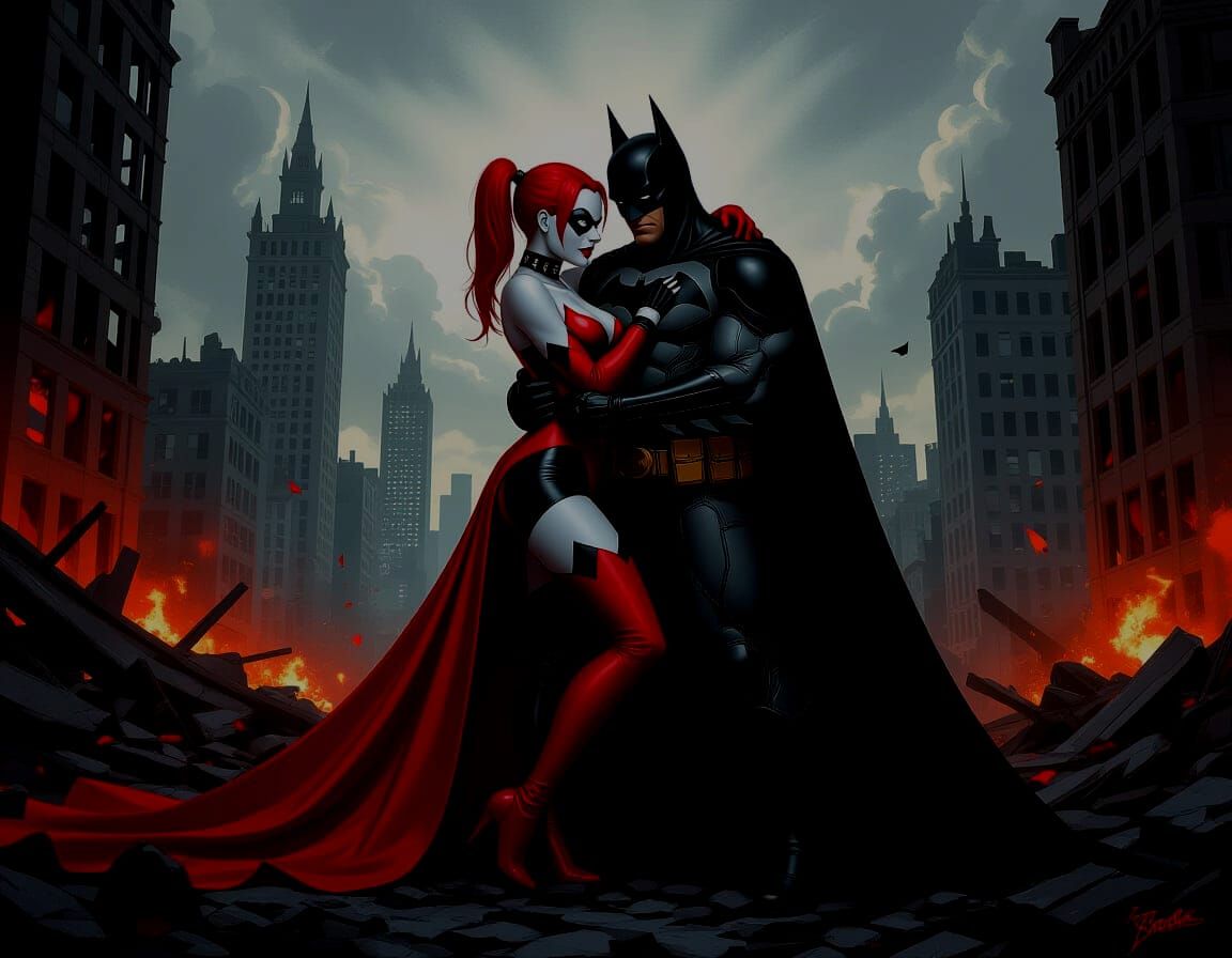 Batman and Harley Quinn Embrace in Ruined City