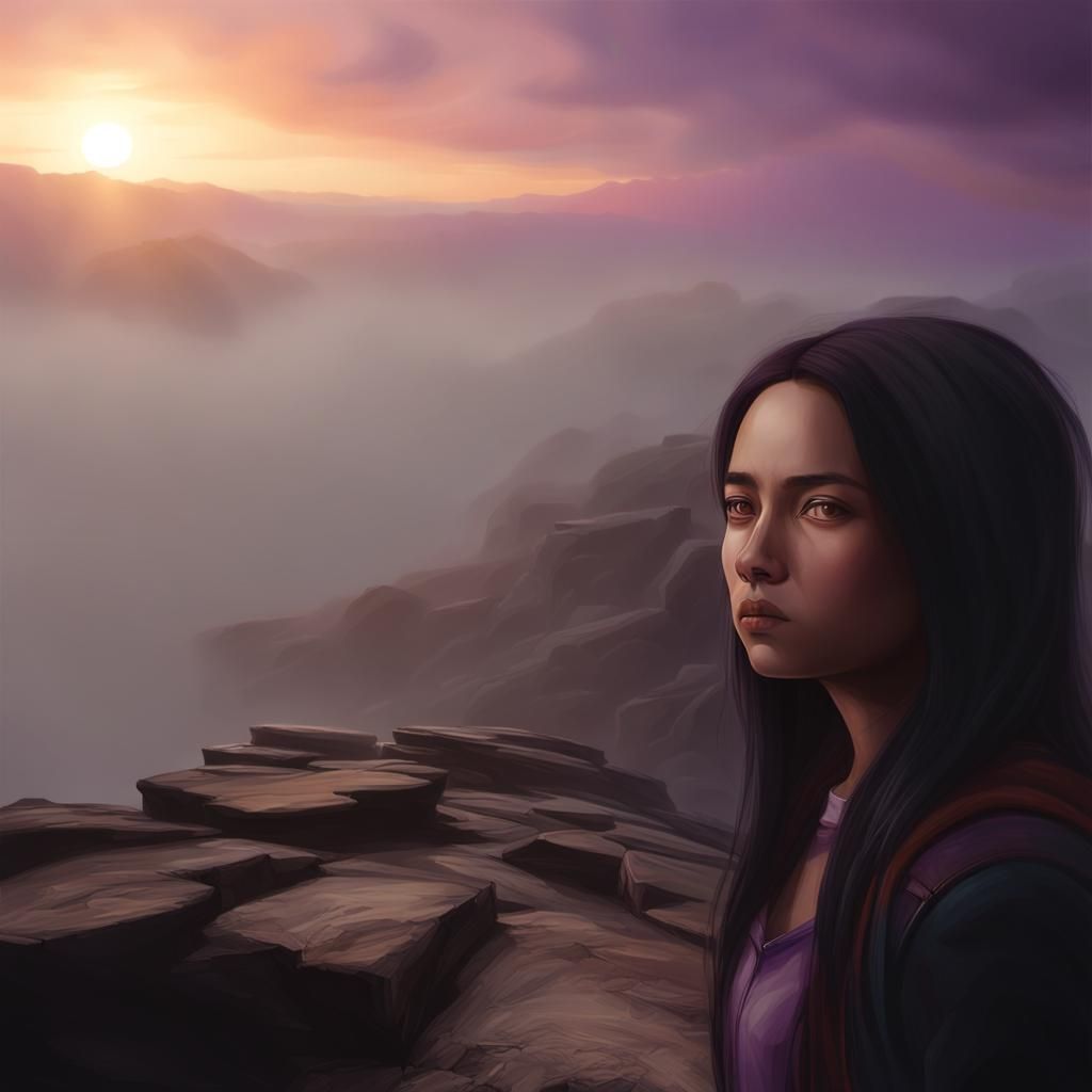 Dramatic Cliffside Figure at Sunset: Hyperrealistic Oil Pain...