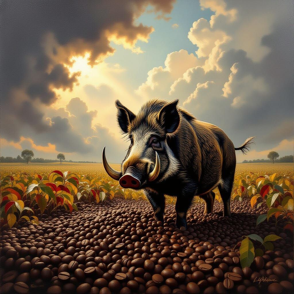 Wild Boar Amidst Coffee Beans Under Dramatic Sky