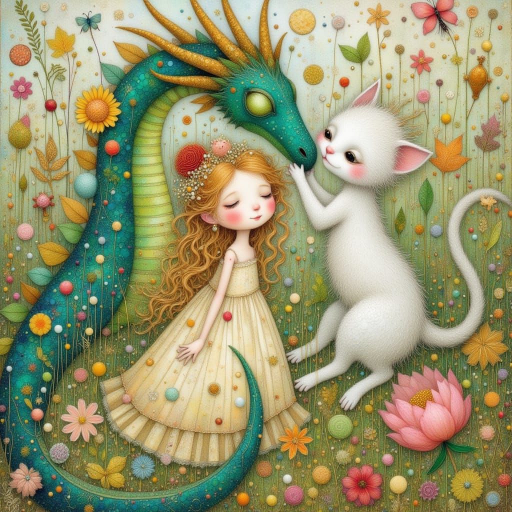 Whimsical Garden Scene with Dragon, Girl, and Kitten