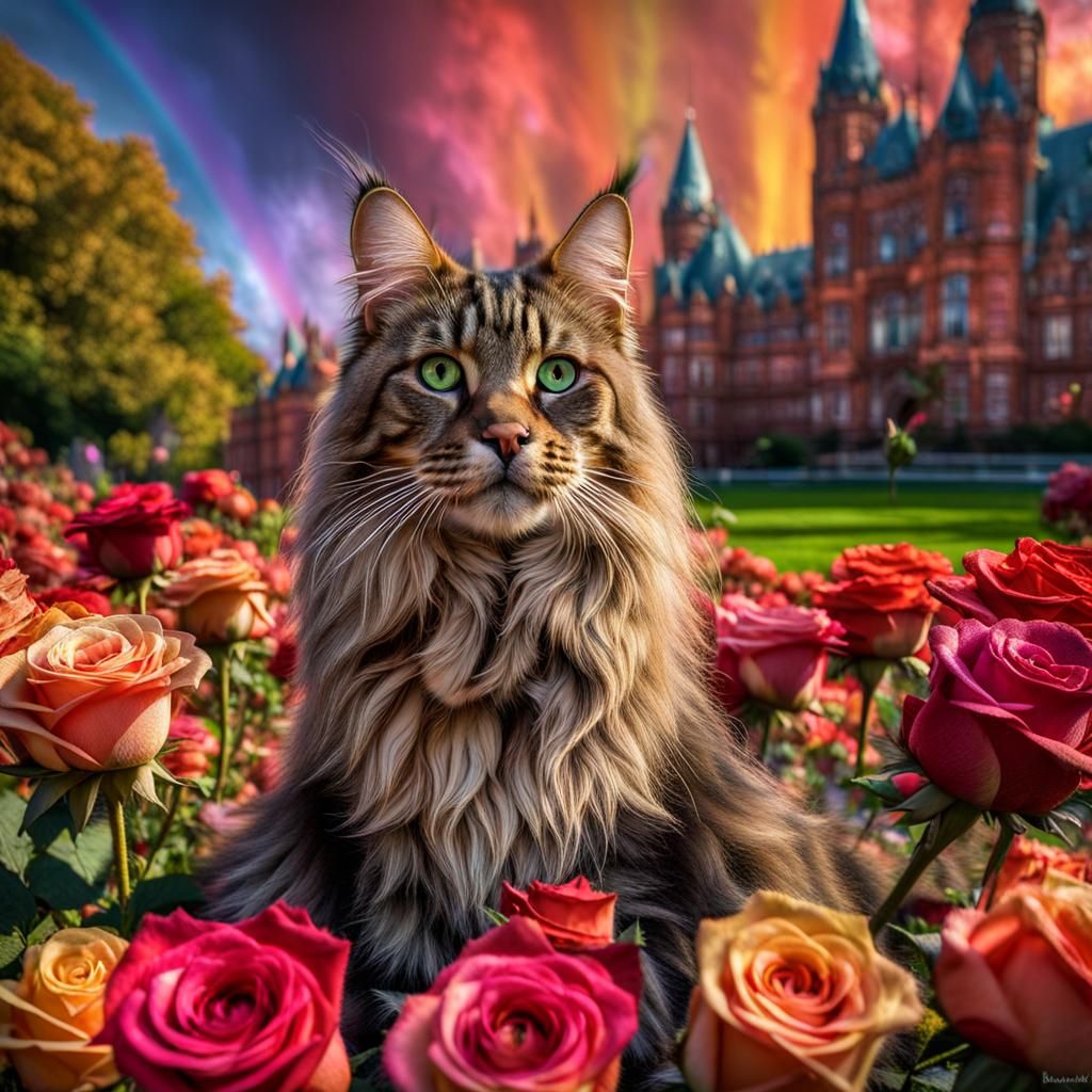 Maine Coon Cats in Rainbow Rose Garden