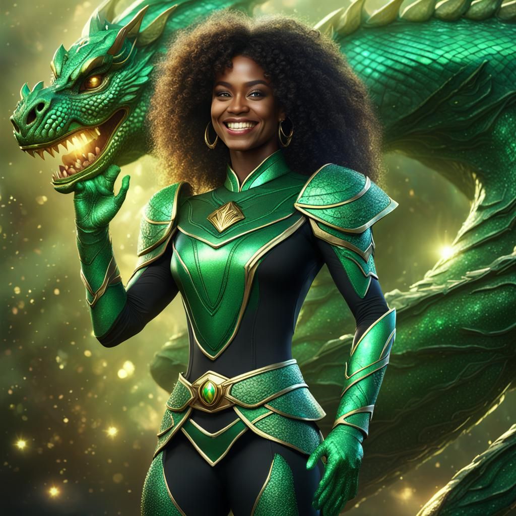 black woman with long curly hair as the green dragon gemstone power ranger sparkling glittering smiling