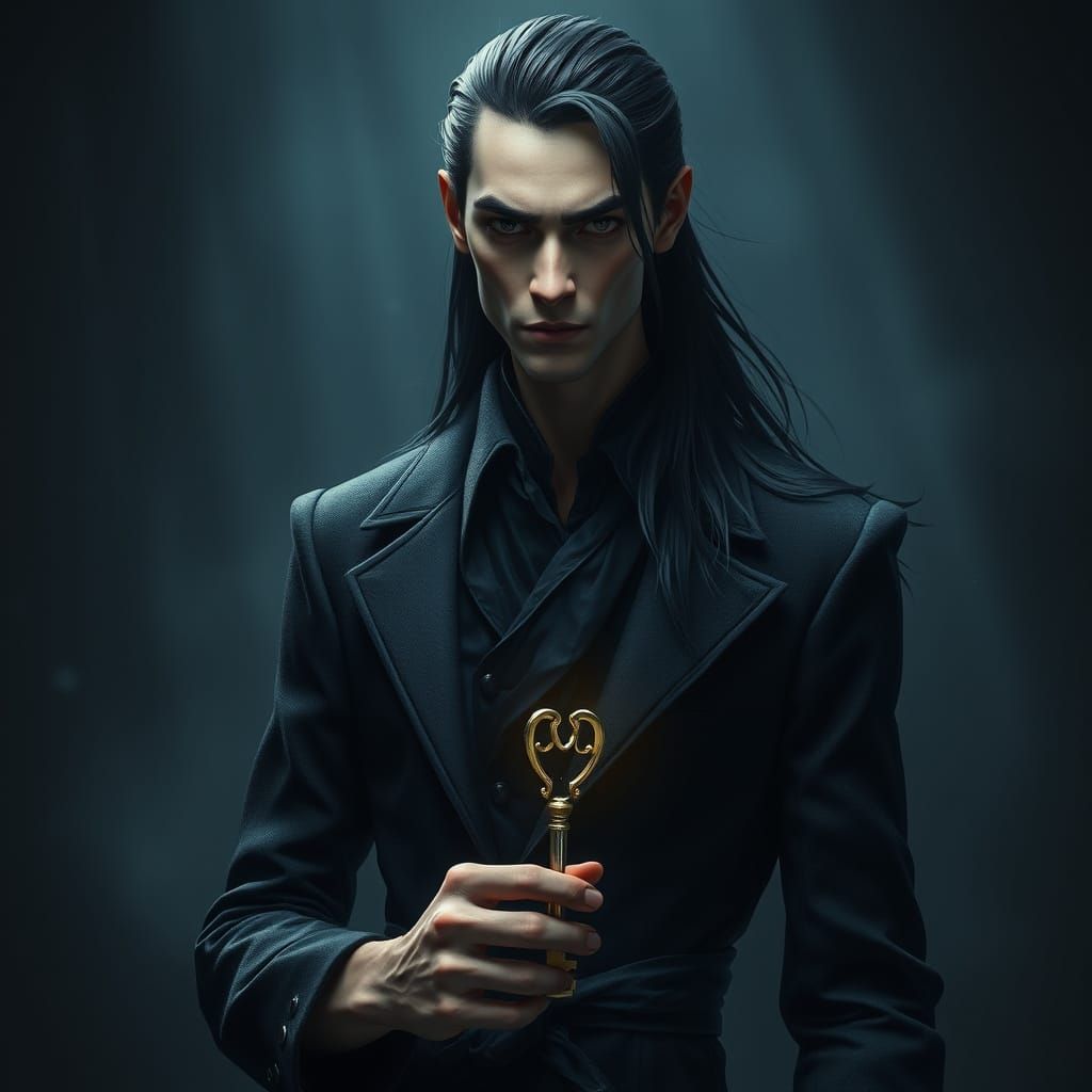 Mysterious Trickster Figure in Dark Fantasy Attire